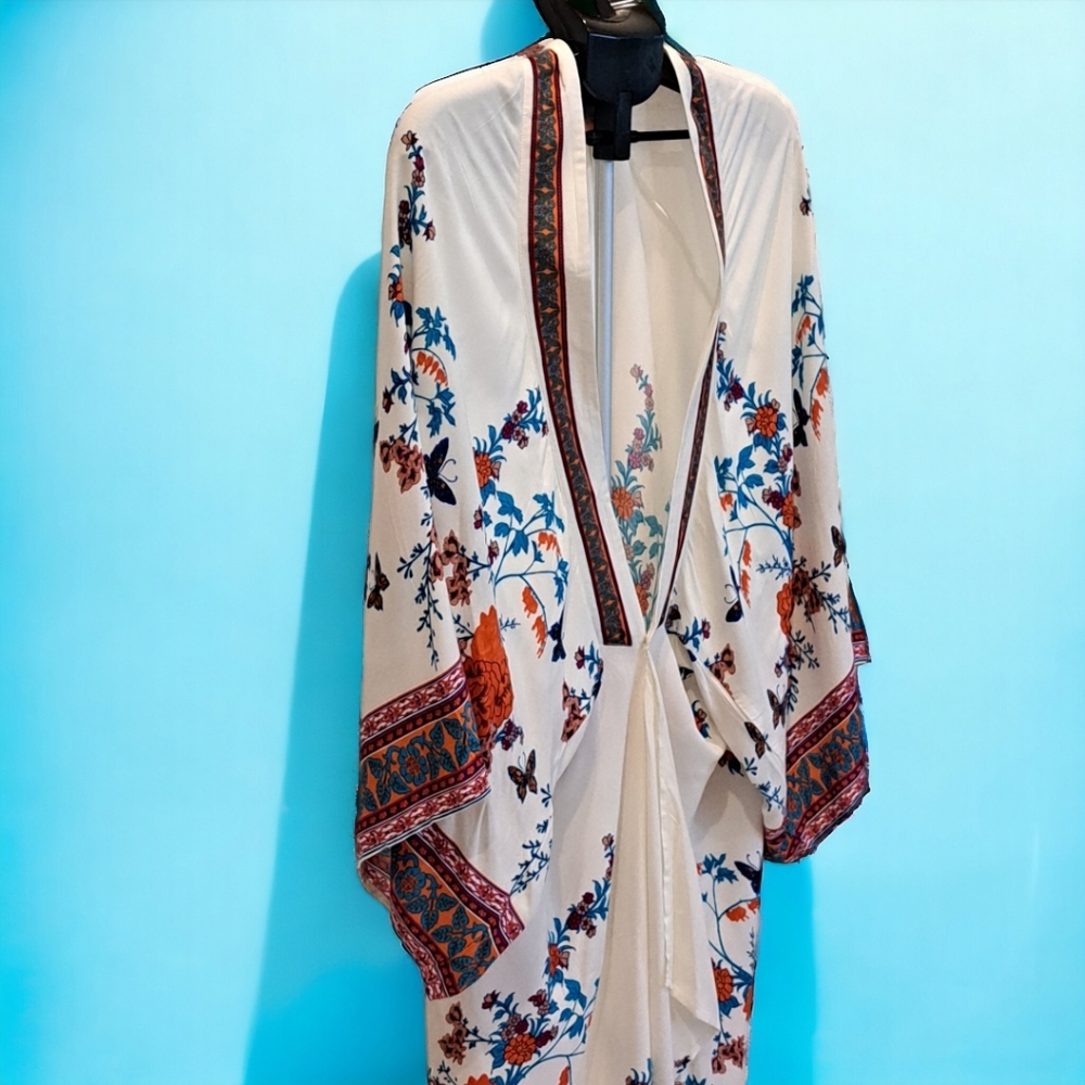 Flying Tomato Floral Kimono with cream color background, Size M/L, eclectic